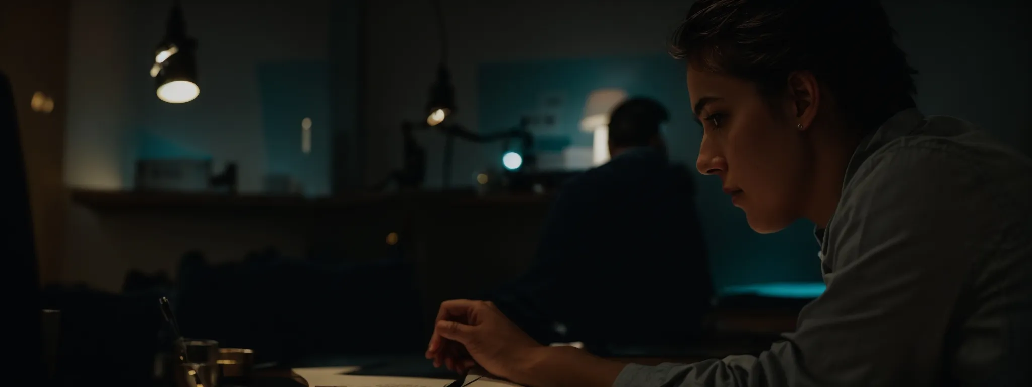 a writer sits before a computer, illumination from the screen reflecting a look of hopeful inspiration.