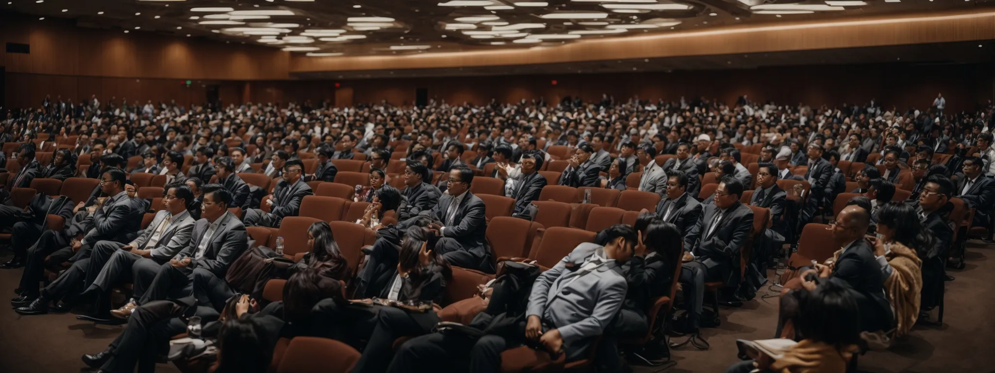a bustling conference hall with engaged audiences watching a presentation on innovative digital advertising strategies.