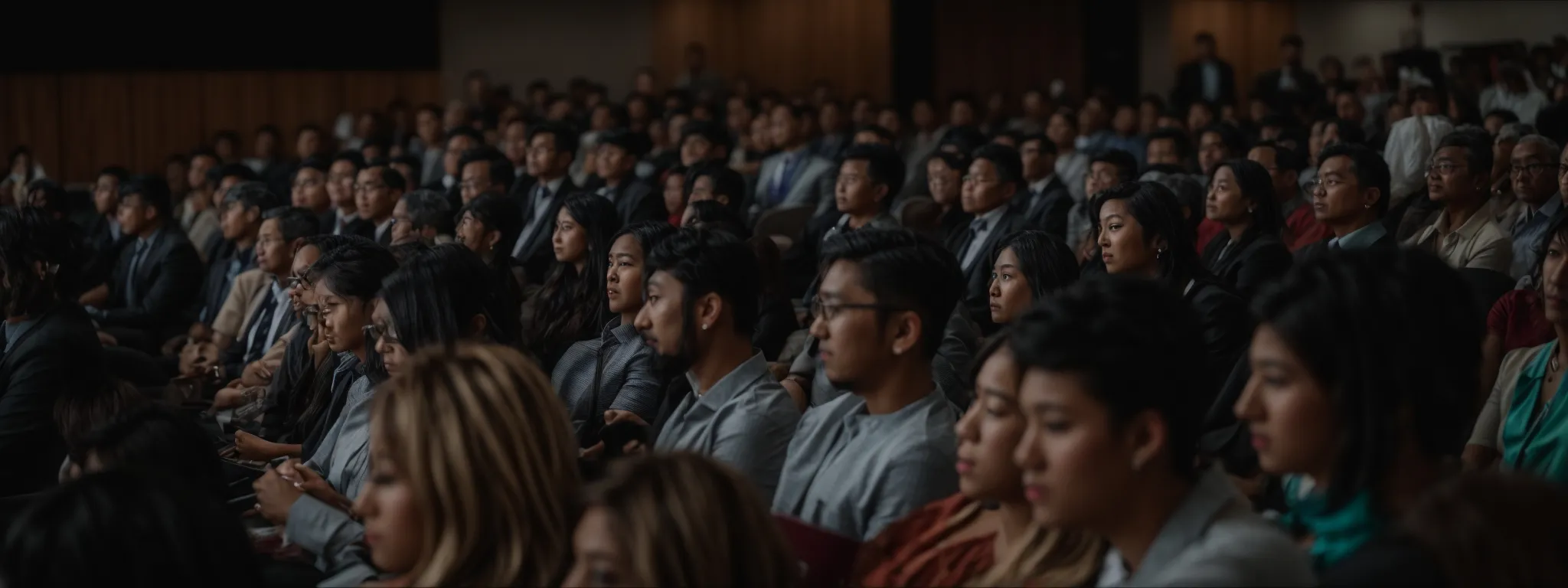 a group of professionals attentively watching a speaker at a digital marketing seminar.