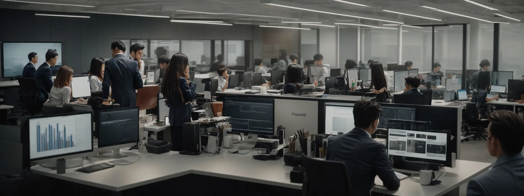 a modern office environment with professionals clustered around a computer discussing website analytics.