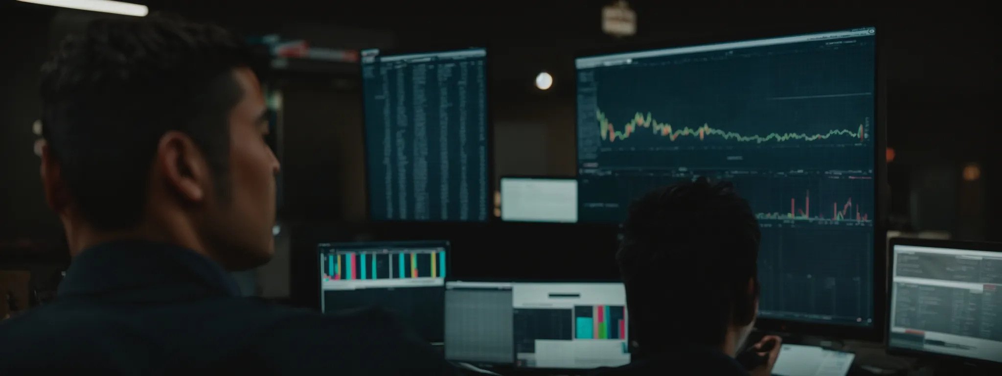 a digital marketer thoughtfully gazes at a computer screen displaying graphs of user engagement metrics.