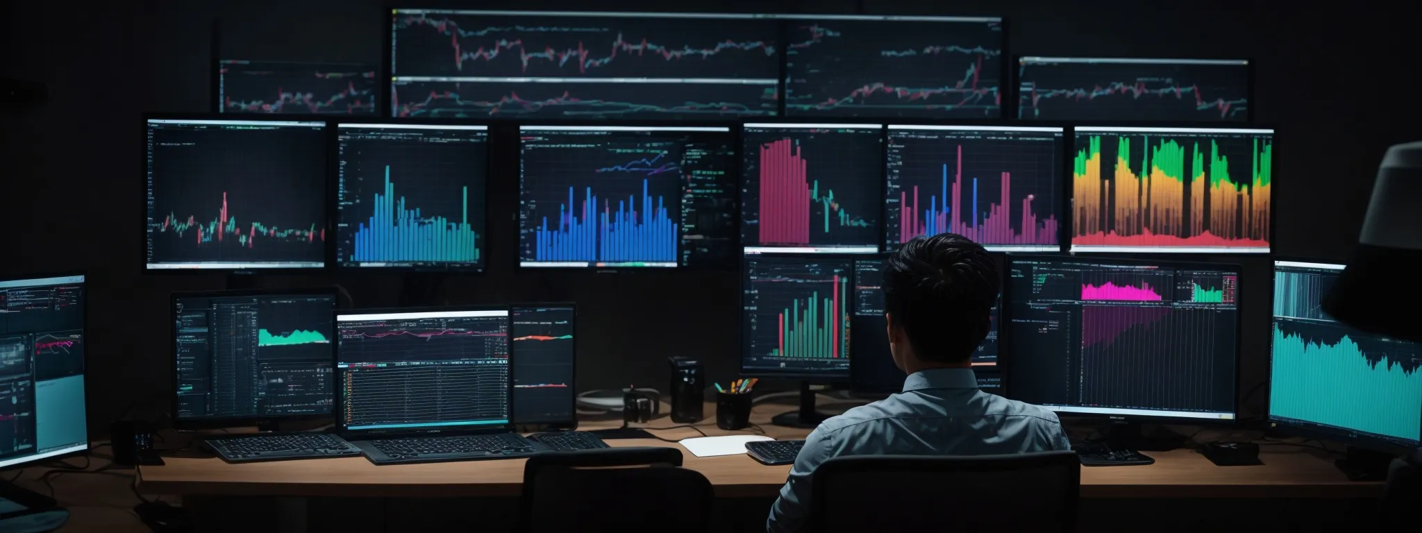 a person sitting at a desk with multiple computer monitors displaying colorful analytical data charts.