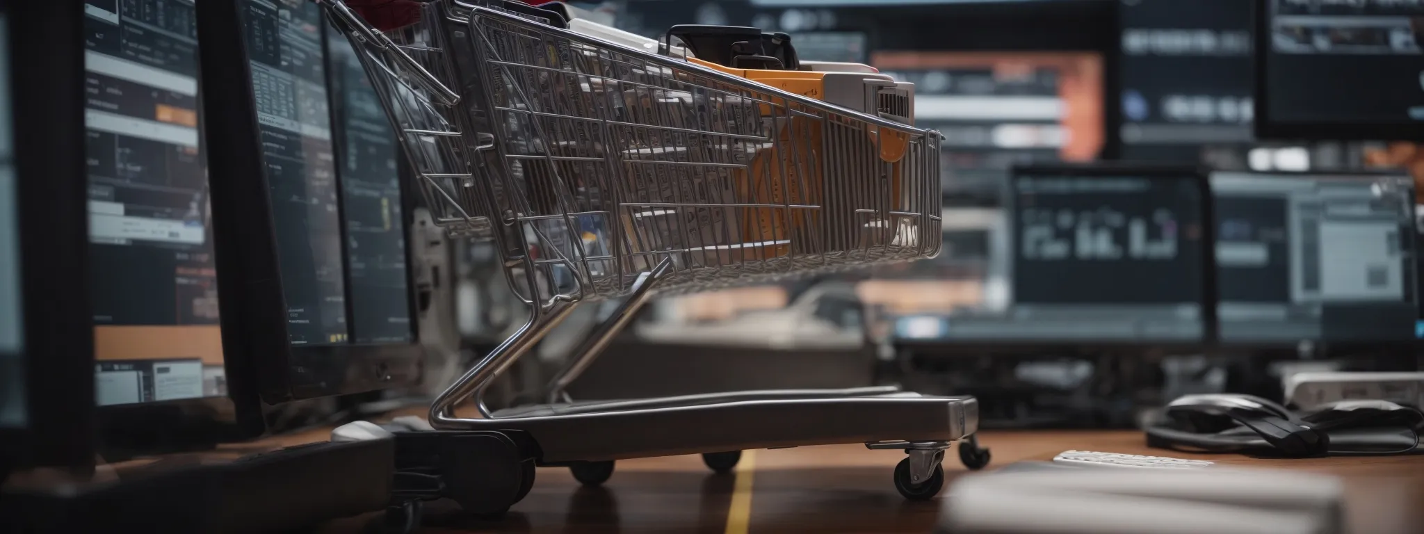 a high-speed computer displaying a shopping cart icon on the screen amidst a bustling digital marketplace.