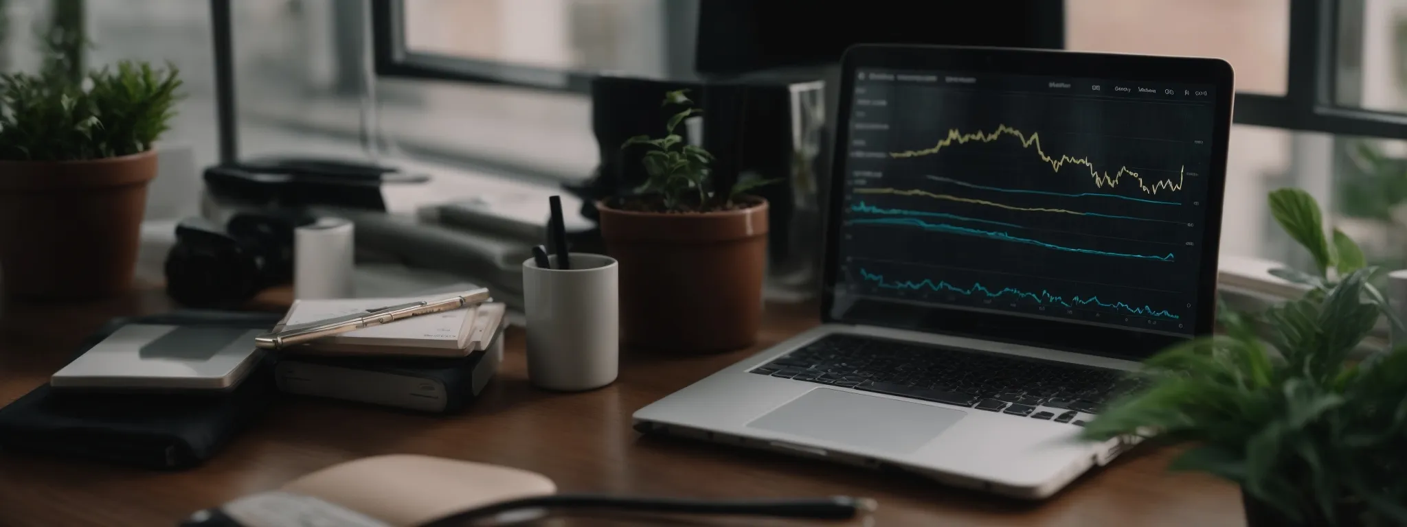 a smartphone displaying graphs and analytics data on its screen, resting on a desk next to a potted plant.