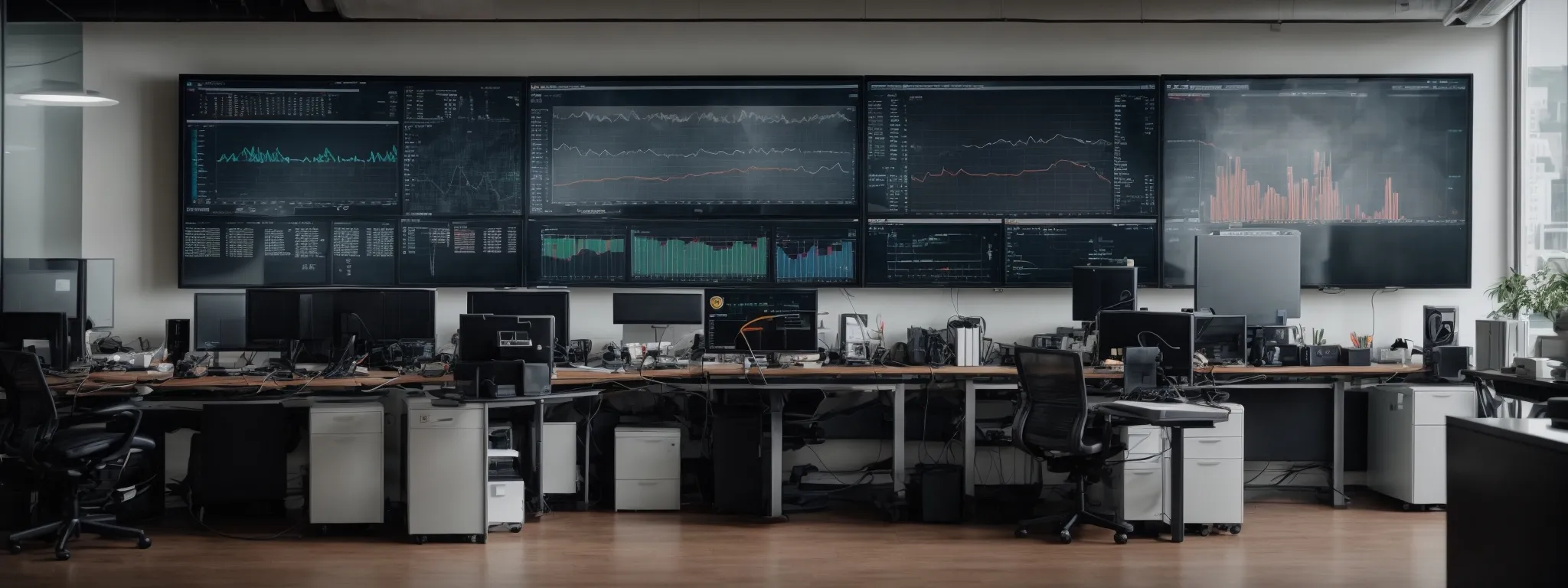 a spacious, modern office with multiple computer monitors displaying graphs and analytics dashboards.