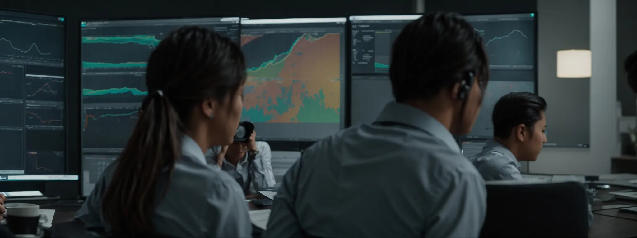 a focused group of marketing professionals analyzing graphs on the performance of various digital content on a large monitor.