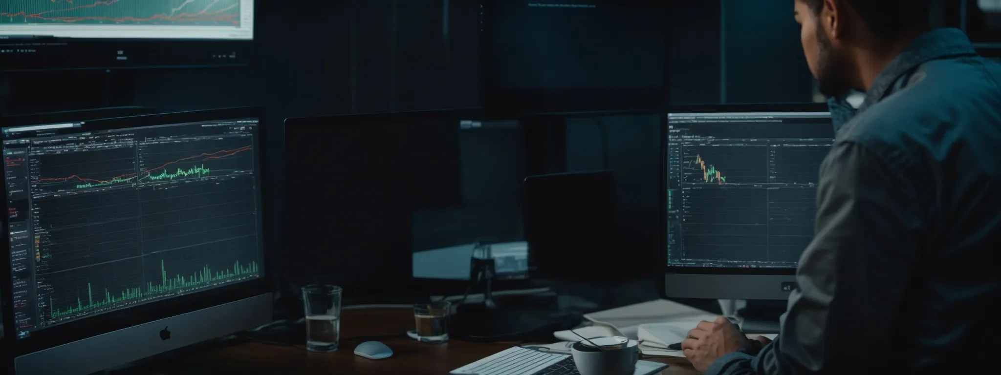 a professional analyzing complex data on a computer screen displaying website traffic graphs and metrics.