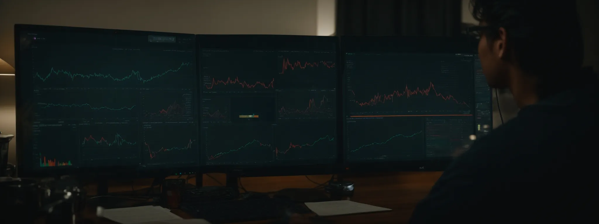 a person seated at a computer browsing a graph-laden dashboard representing website analytics.