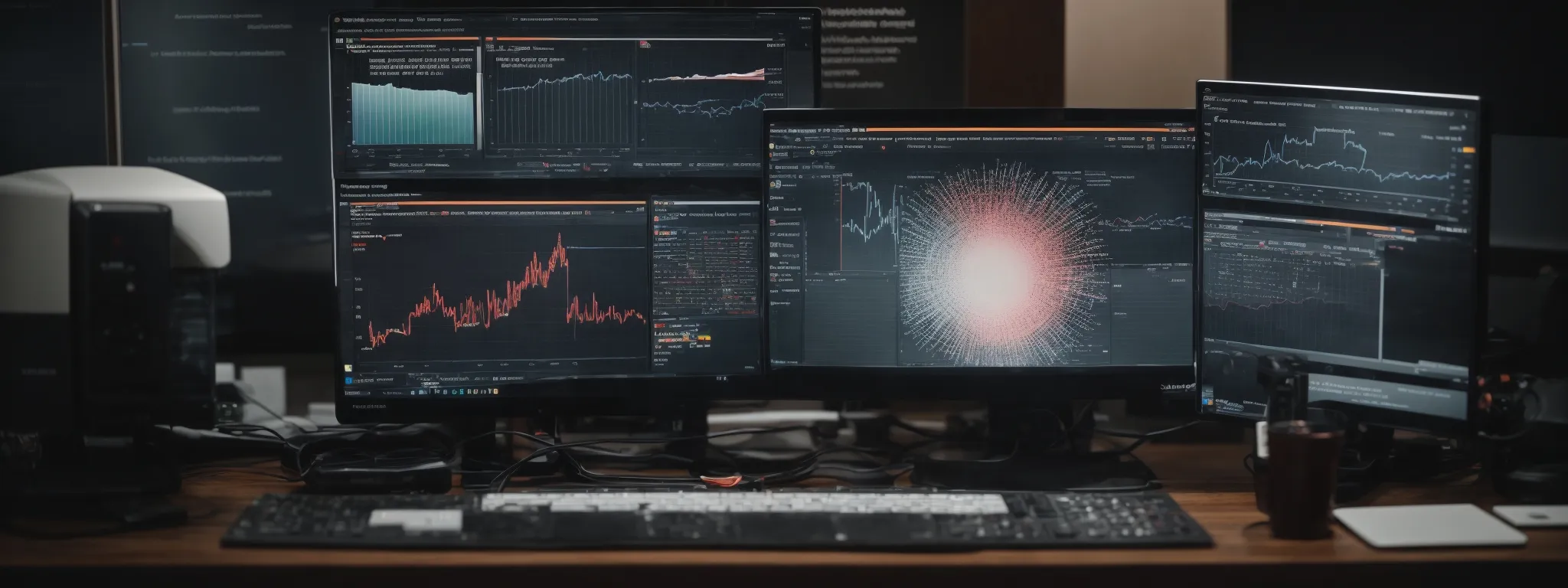 a computer with analytics graphs on the screen surrounded by digital marketing icons.