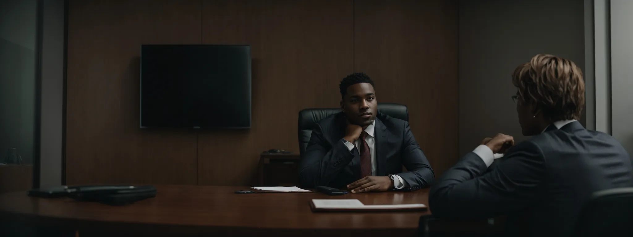 a confident individual sits attentively across from an interviewer in a modern office, signifying a professional job interview scenario.