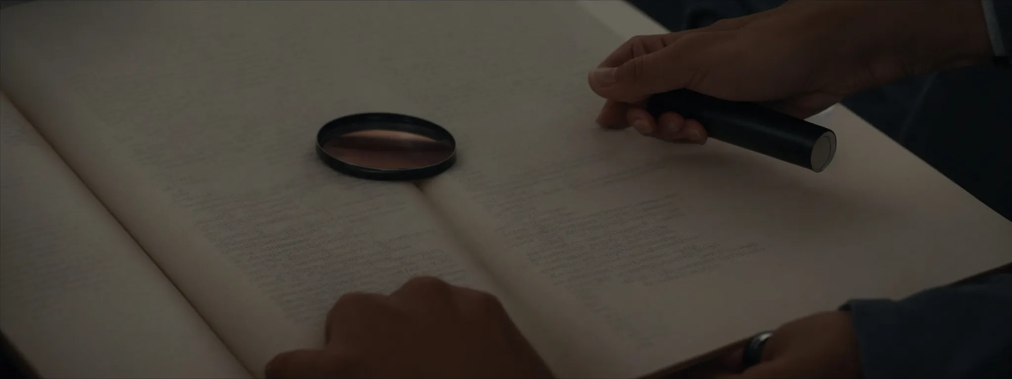 a person reading a thick book with a magnifying glass alongside a computer displaying graph analytics.