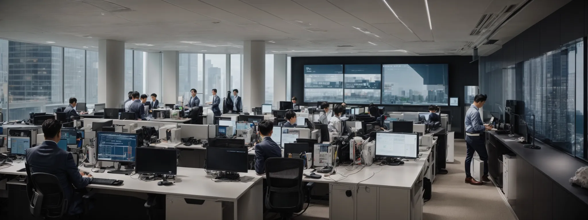 a modern office with bustling activity and large screens displaying recruitment analytics.