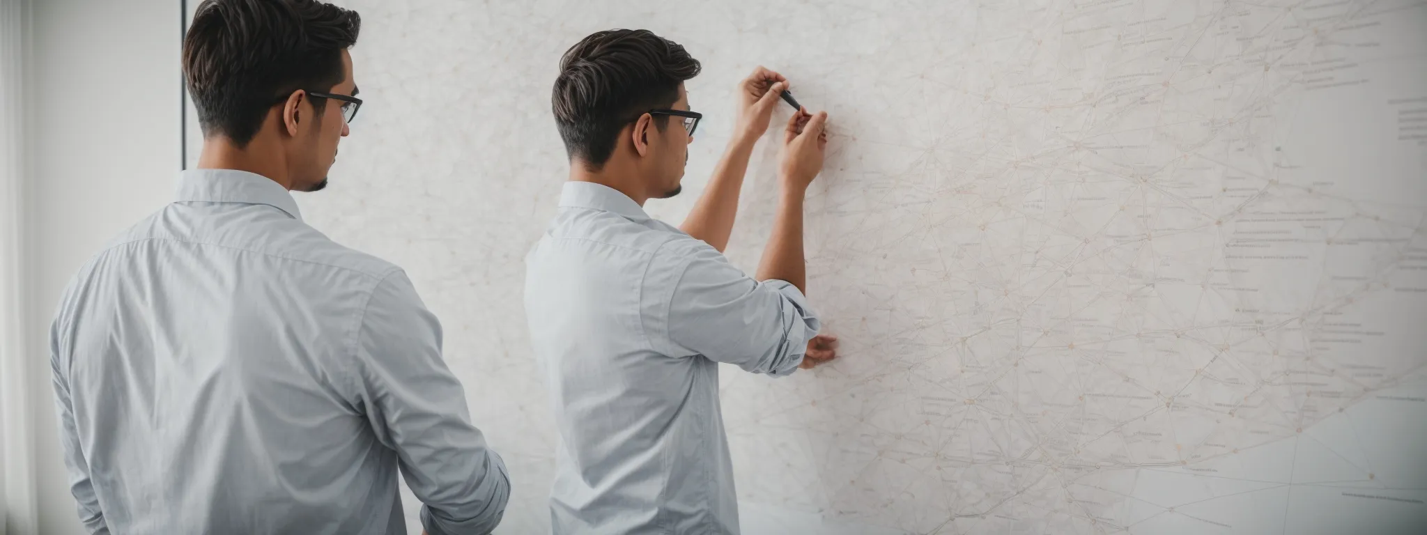 a web designer plans a site structure on a whiteboard, illustrating interconnected nodes representing web pages.