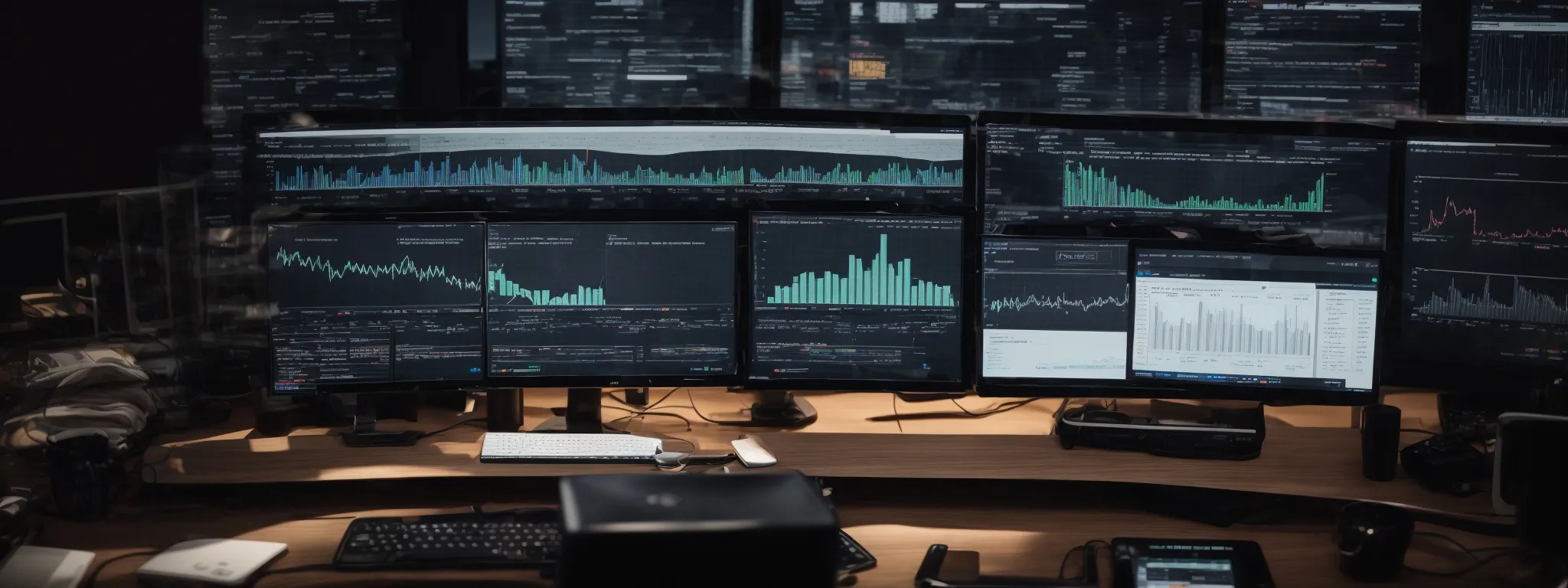 a desk with multiple computer screens displaying various website analytics dashboards reflecting a focused seo strategy session.