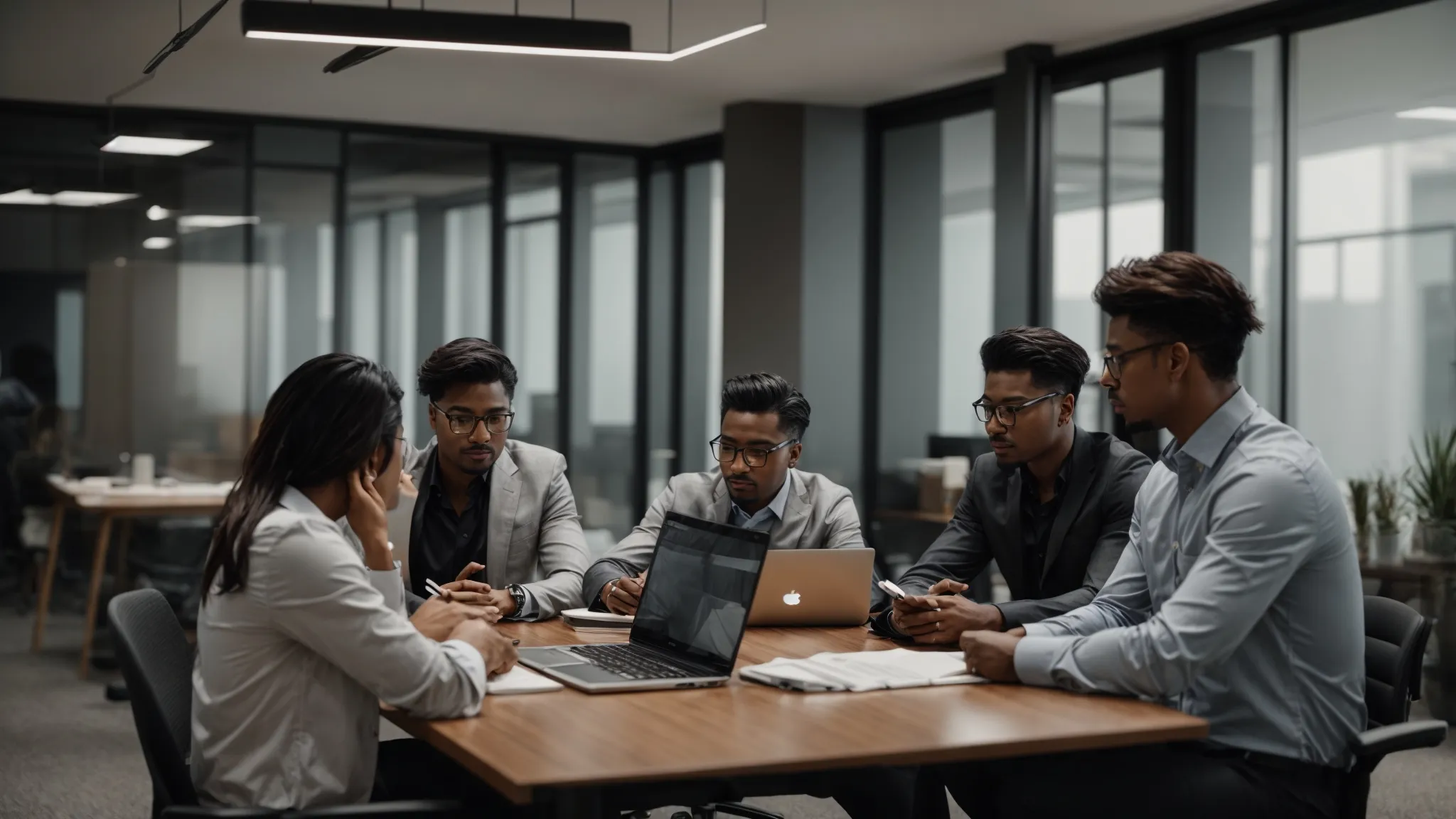 a group of professionals holding a meeting around a laptop in a modern office.