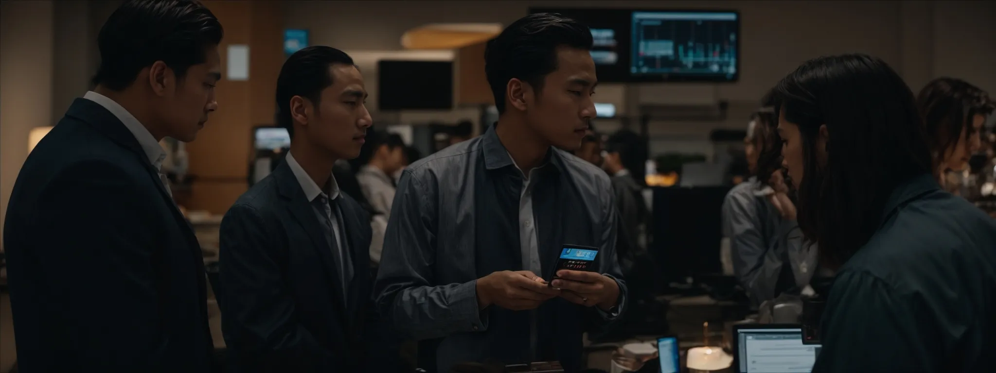 a group of professionals gather around a computer, showcasing a marketing dashboard on the screen.