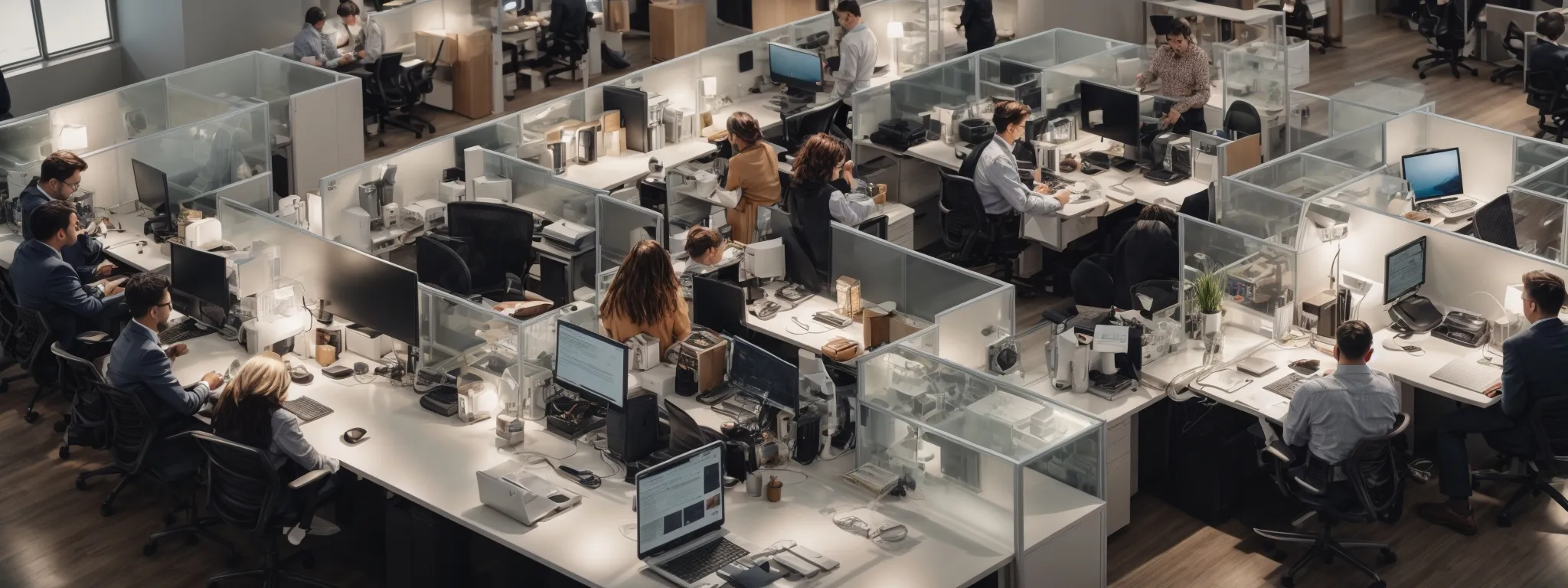 an overhead view of a bustling social media marketing team strategizing in a modern office environment.