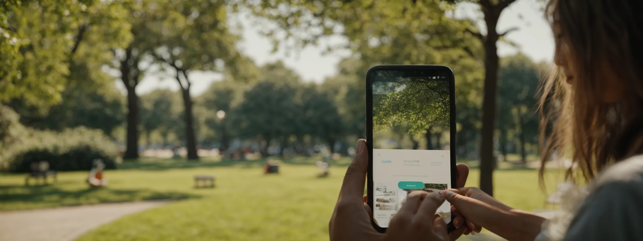 a person casually browsing on a responsive website through their smartphone in a sunny park.