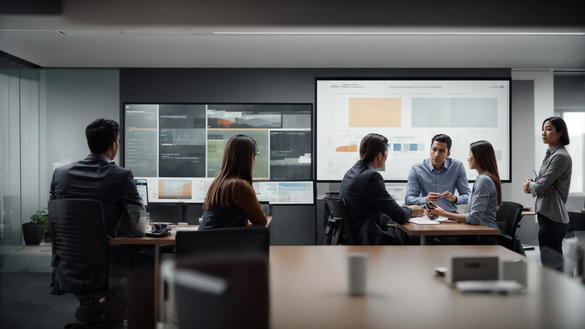 a business team analyzing customer feedback on a large screen in a modern office.
