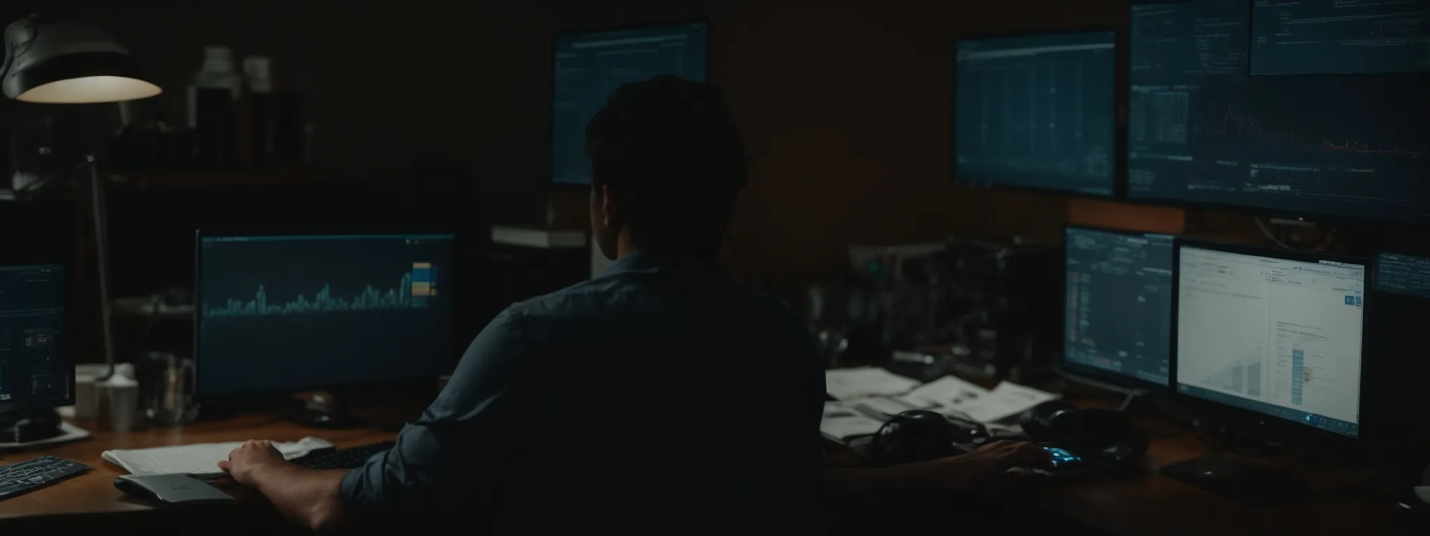 a person working intently at a computer with multiple tabs open on the screen, with a clear focus on analytics and software tools.