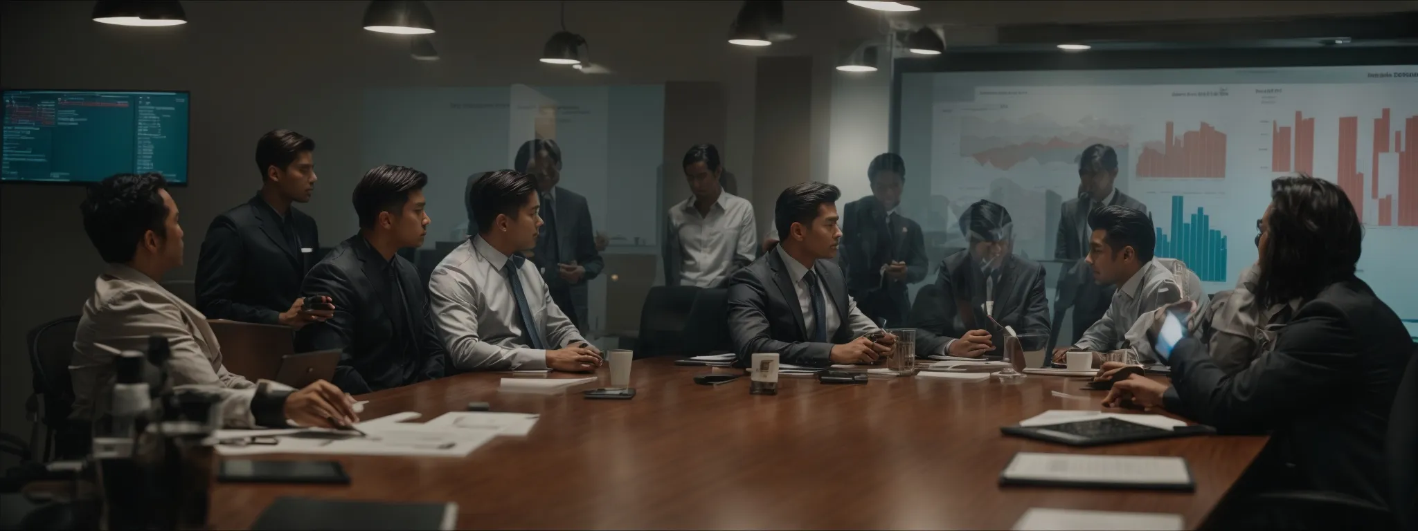 a team of professionals gathered around a conference table, strategizing over a digital growth chart.