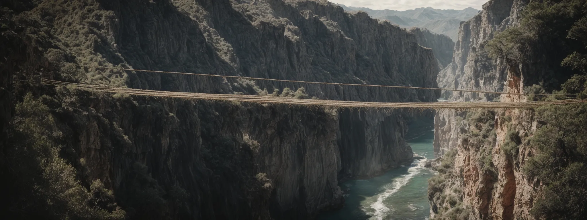 a frayed rope bridge over a financial graph canyon, one end tied to a goal post and the other end fraying over an abyss.