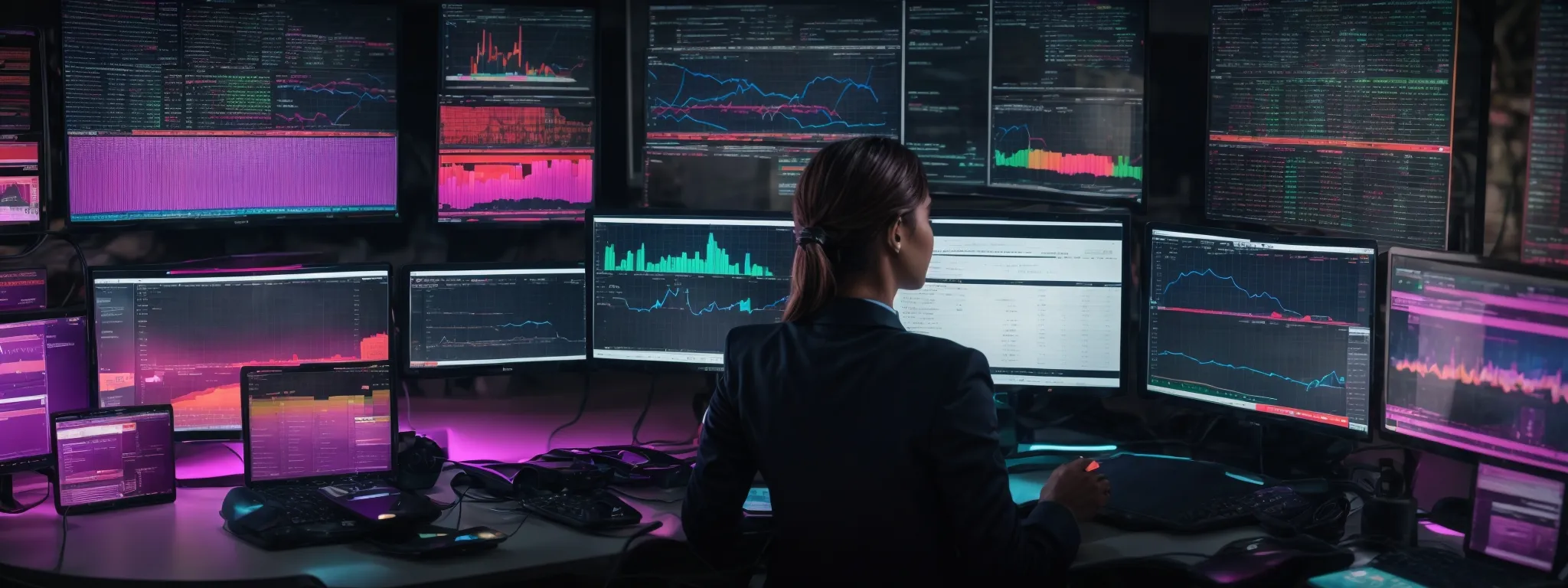 a virtual assistant analyzing data on multiple computer screens displaying colorful seo performance graphs.