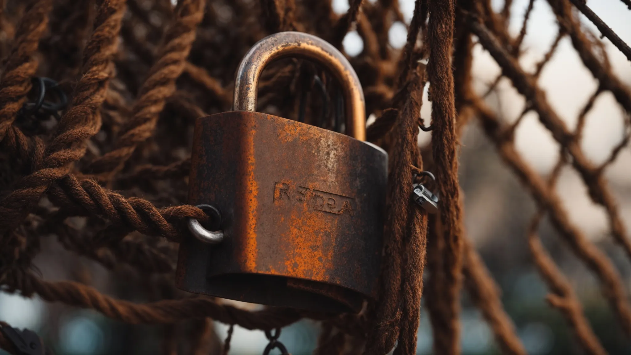 a close-up of a rusted, broken padlock hanging from an old, weathered website domain signpost against a backdrop of blurred, indistinct search engine results.