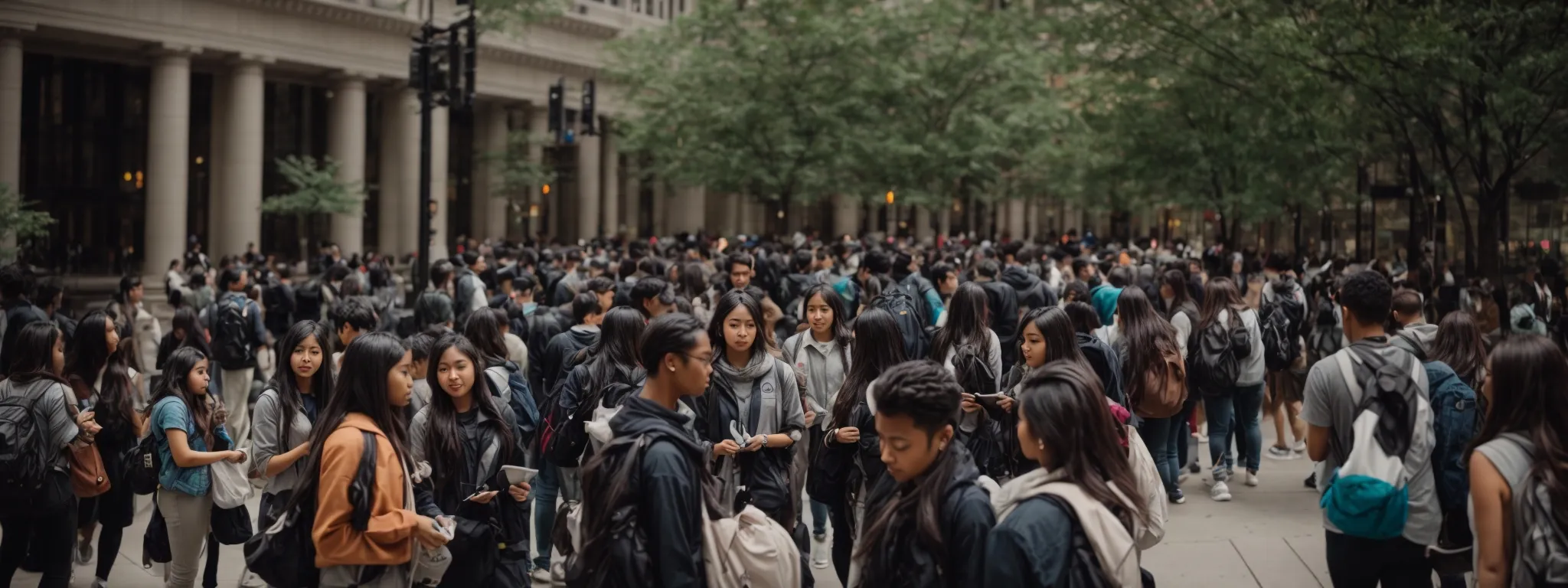 a bustling university campus in downtown chicago with students actively engaged in discussion and holding digital devices.