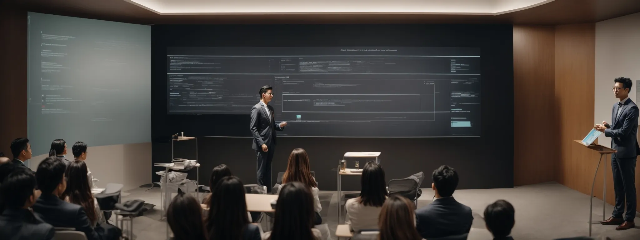 a person giving a presentation with a large funnel graphic showing different stages projected on a screen.