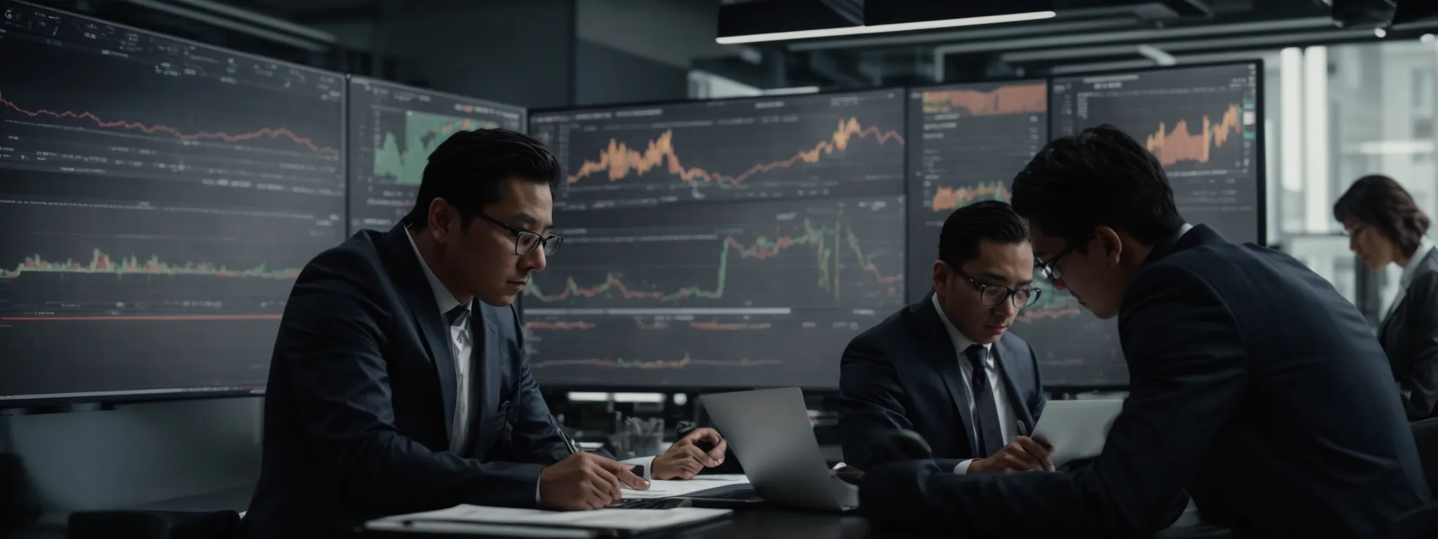 a team of professionals intently analyzes charts and graphs on a digital interface, strategizing their next marketing move.