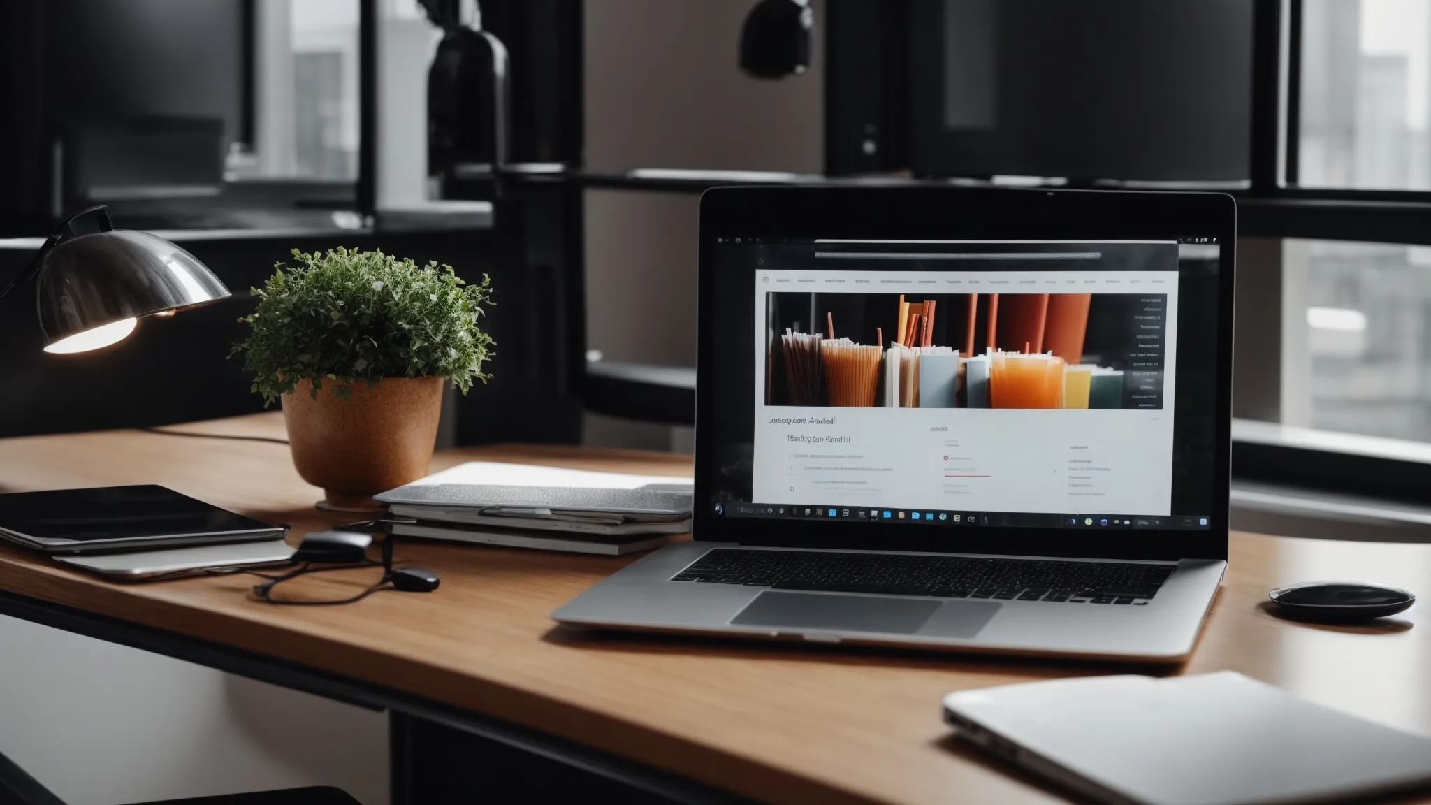laptop with analytics on the screen amidst marketing strategy documents on an office desk.