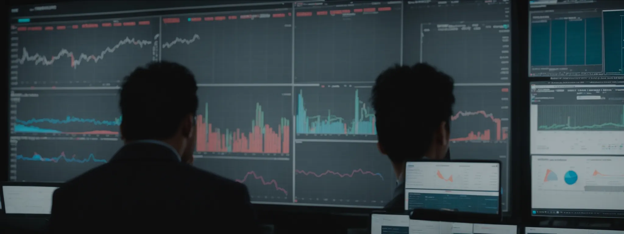 a consultant stands before a large screen displaying graphs and digital trends as they strategize a client's marketing plan.
