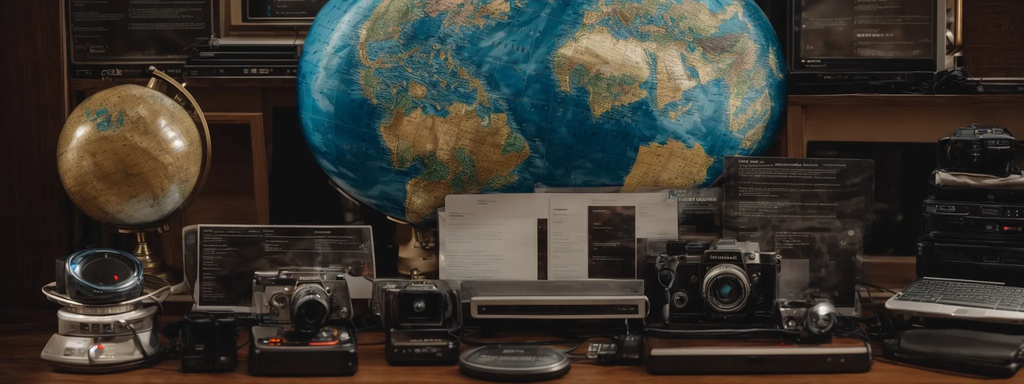 a globe surrounded by various computer devices displaying a world map and multilingual webpages.
