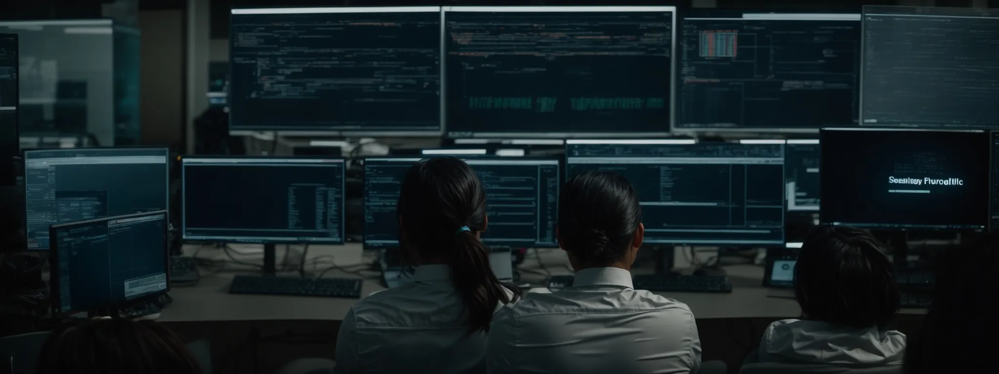 a person sitting in front of multiple computer screens displaying different search engine interfaces.