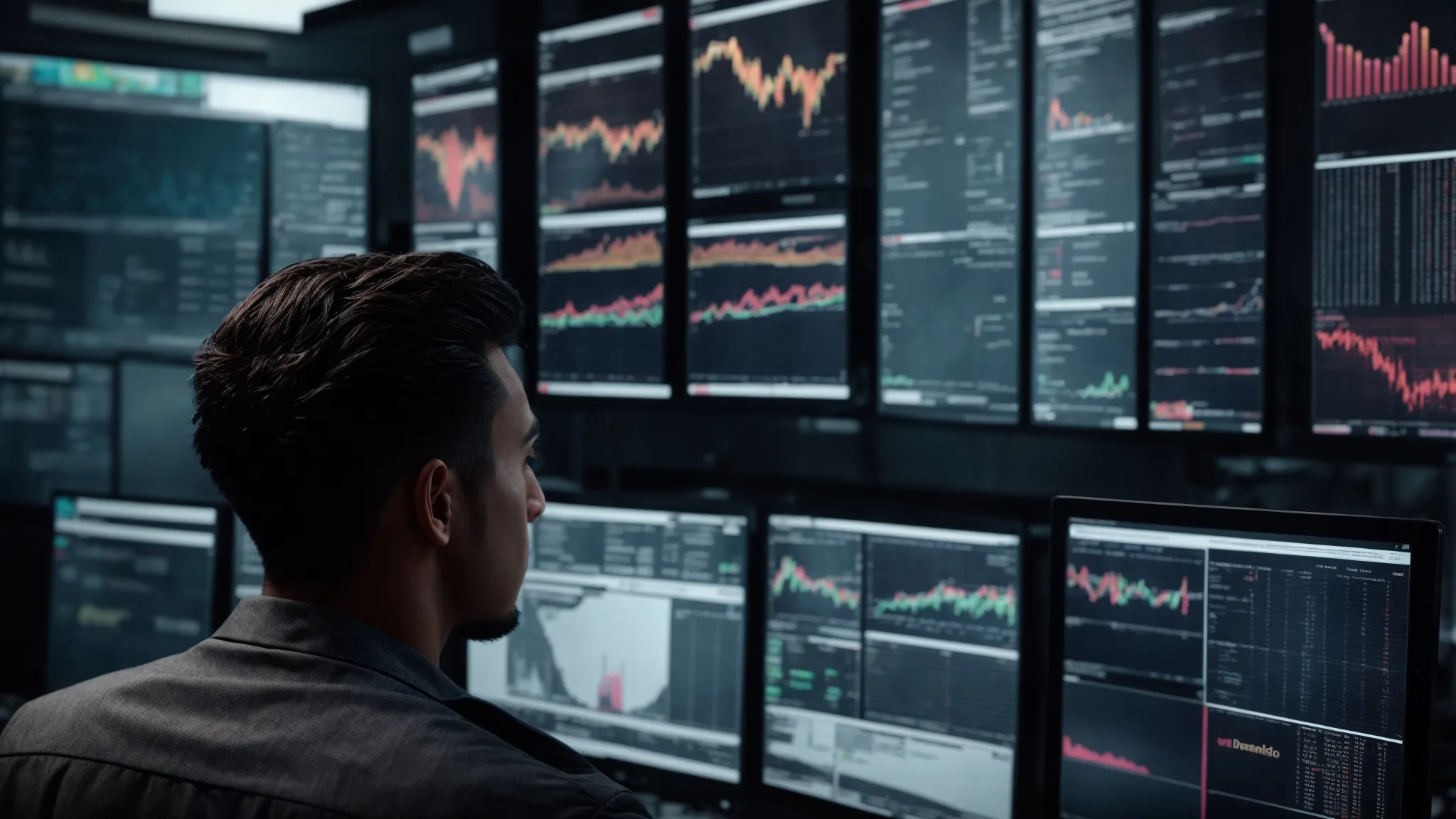 a person with multiple screens displaying various website analytics dashboards for different domains.