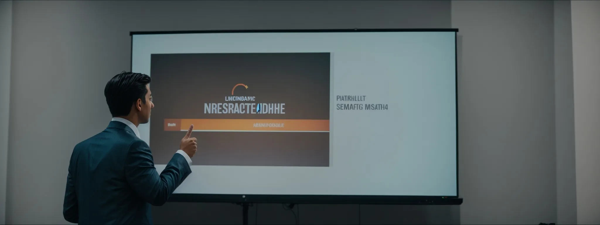 a presenter pointing at a large screen displaying the title of a slideshare presentation during a digital marketing seminar.