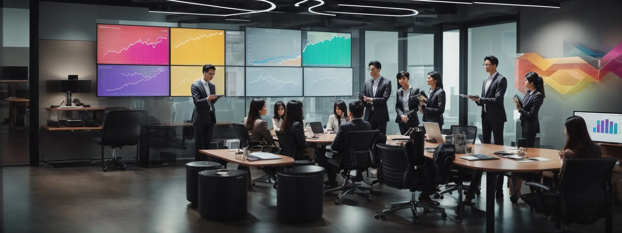 a business team engaging in a creative brainstorming session in a modern office with a digital screen displaying colorful graphs and charts.