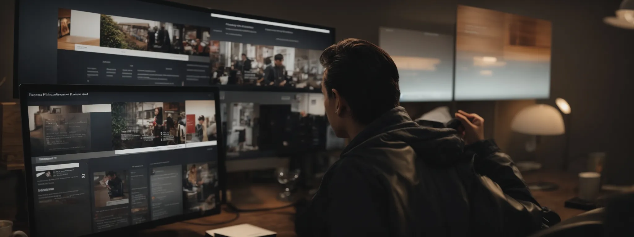 a confident person browsing a website displaying positive user ratings and customer testimonials.