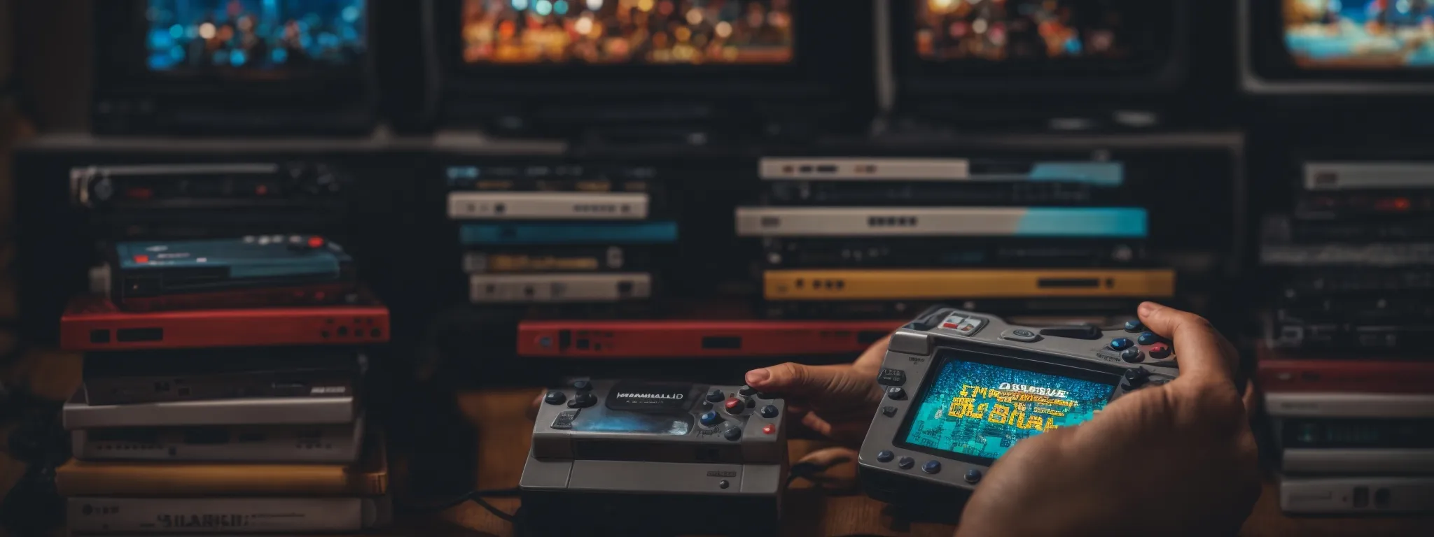 a person holding a retro game console against a backdrop of modern digital screens displaying classic video games.