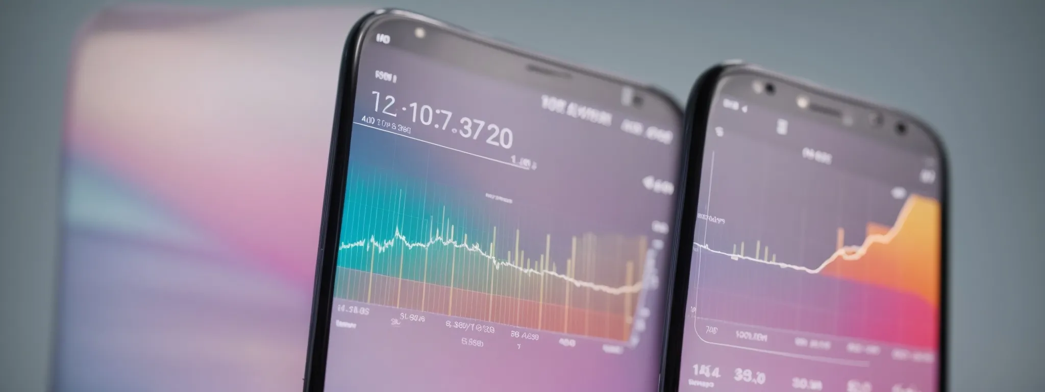 Two smartphones display financial charts with line graphs and numerical data against a blurred background.