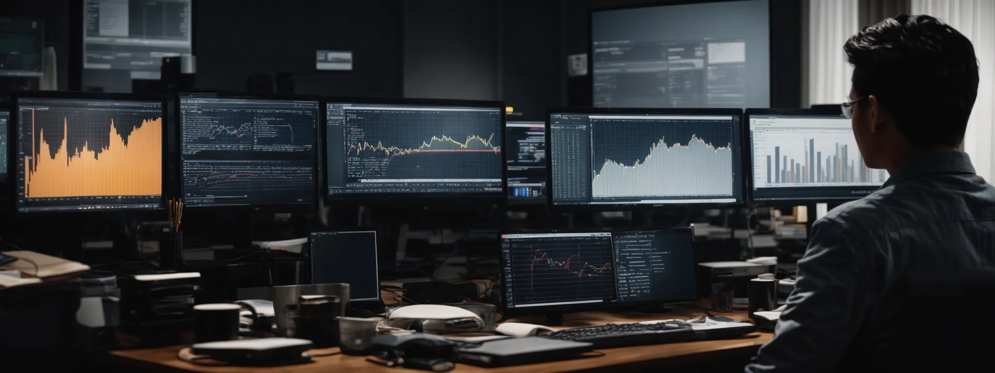 a person seated at a desk with multiple computer monitors displaying analytics and graphs amidst seo software applications.