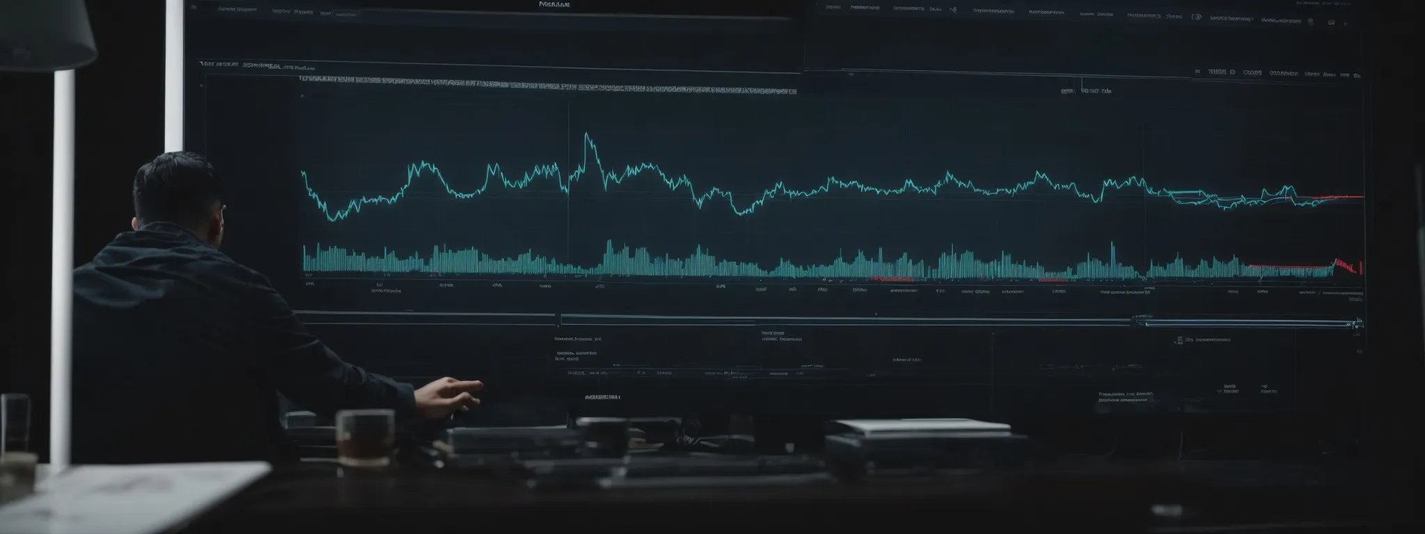 a web designer intently observes a graph on a screen showing rising website traffic and user engagement metrics.