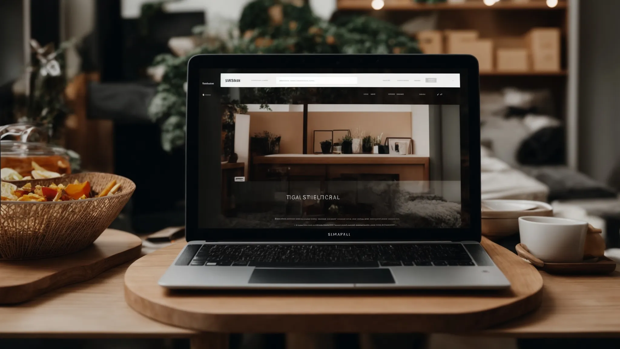 a laptop displaying a preview of a stylish e-commerce website template on shopify, with an seo optimization toolbar on the side.
