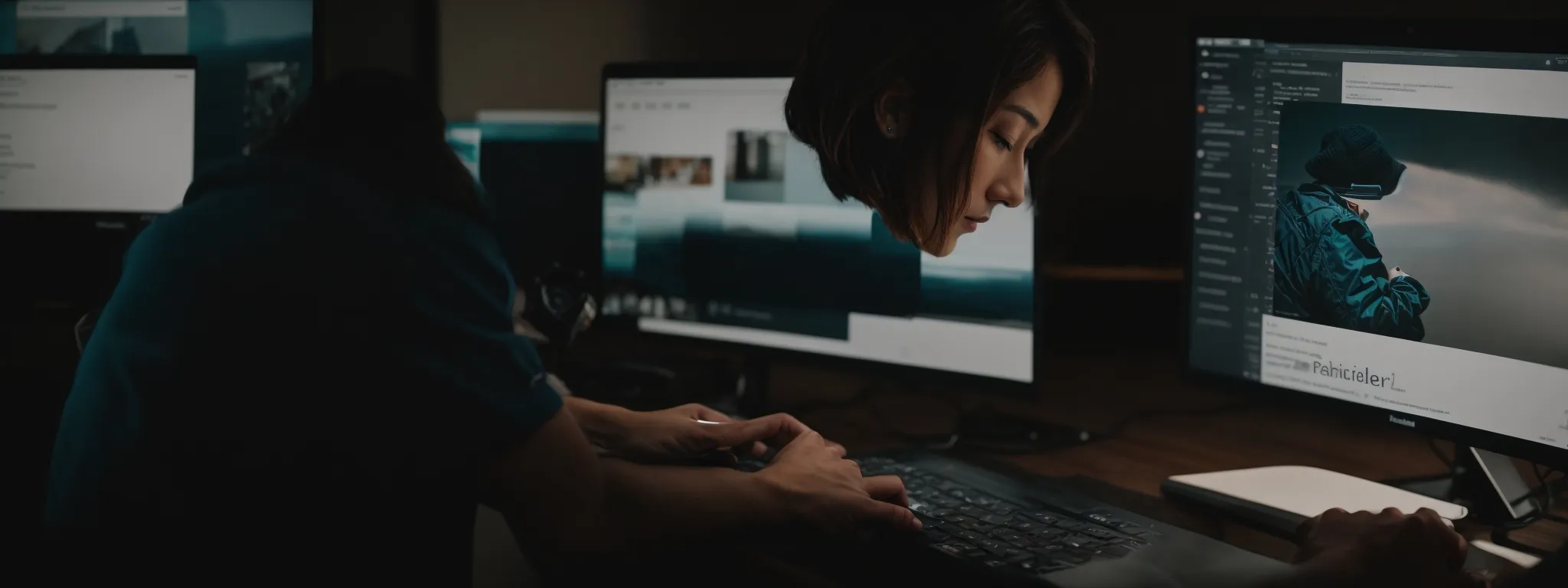 a blogger intensely focuses on a computer screen while optimizing the internal linking of a wordpress website.
