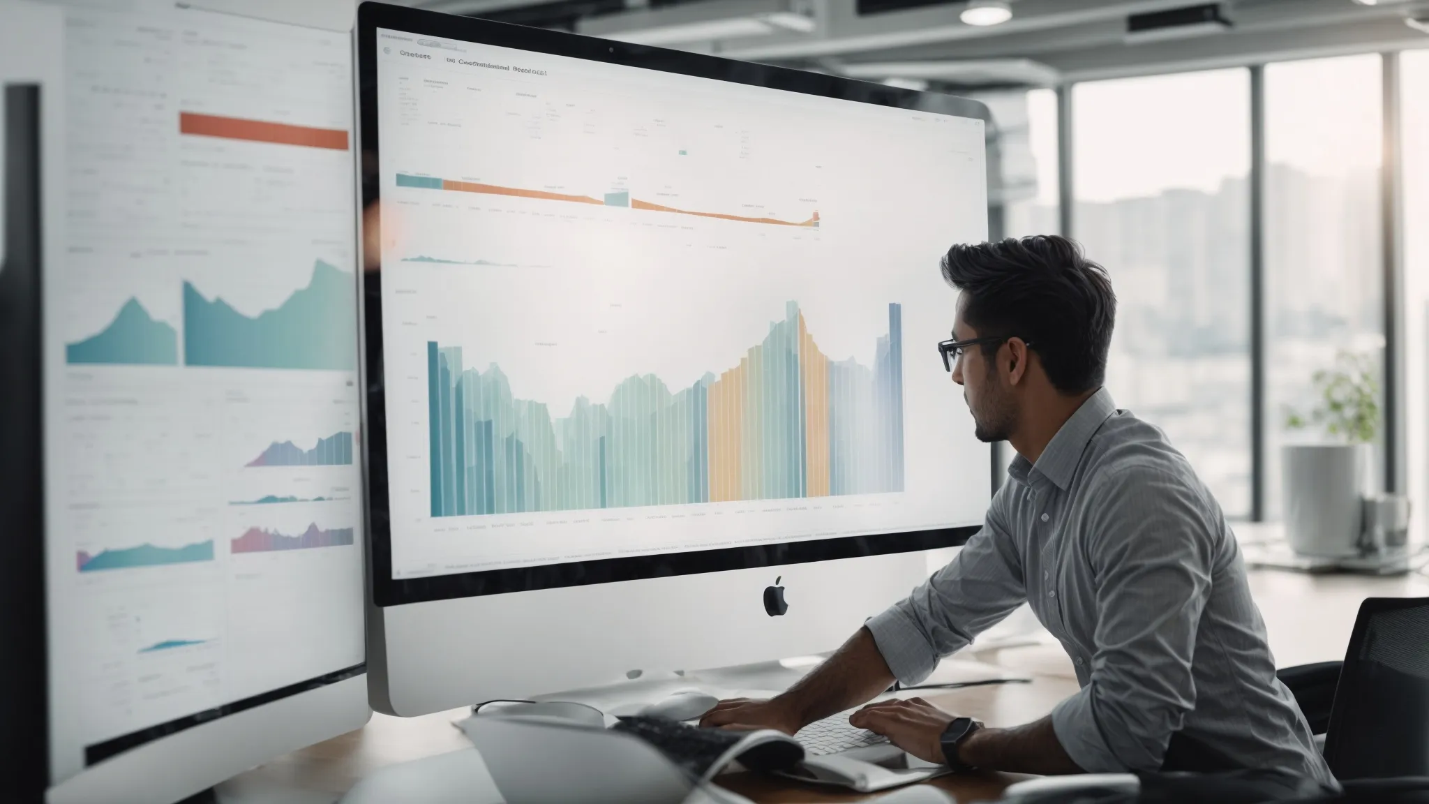 a professional analyzing an seo performance chart on a computer screen in a bright office.