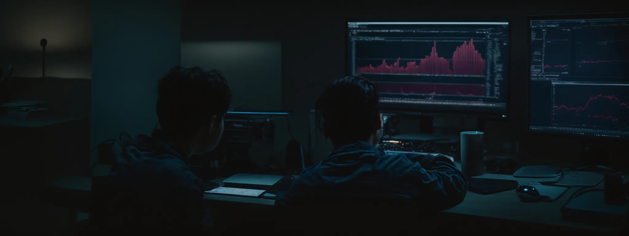 a person sitting at a computer with multiple browser tabs open, analyzing charts and graphs.