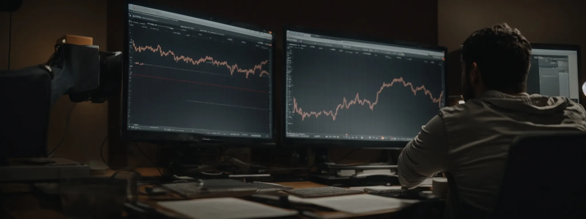 a person sitting in front of a computer screen, analyzing graphs and metrics on digital marketing performance.