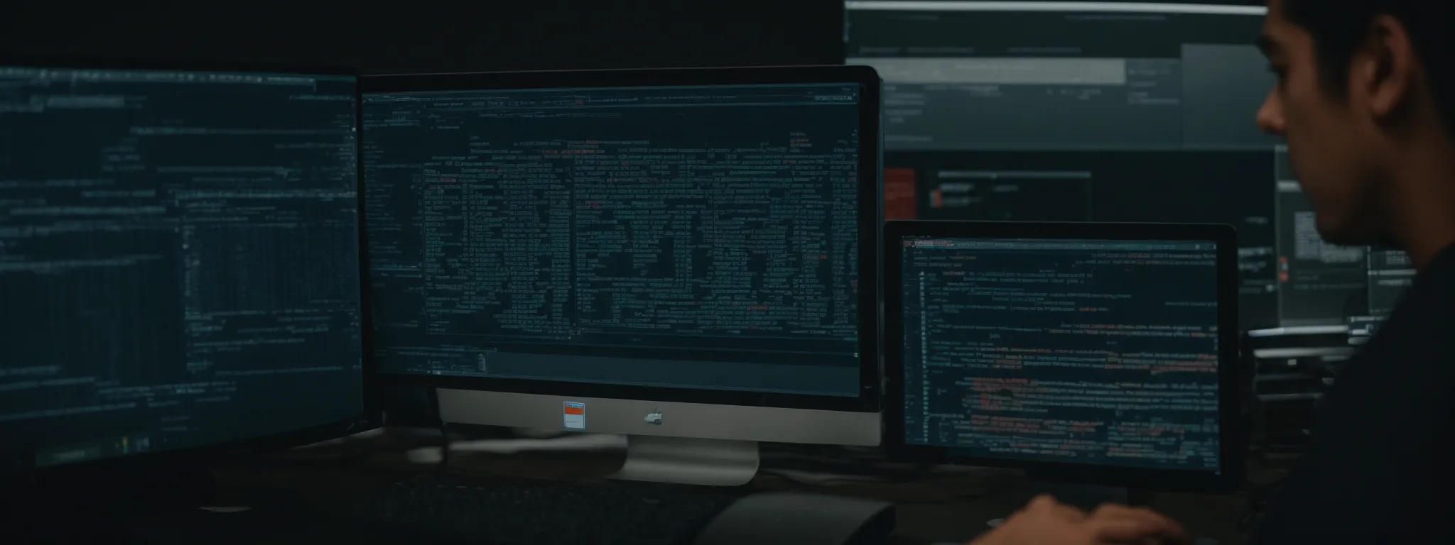 a person scrutinizes code on a computer screen displaying website analytics.