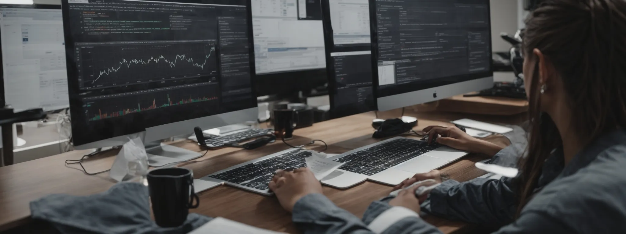 A person works at a desk with multiple monitors displaying code and financial graphs, using a keyboard and mouse; coffee mugs and office supplies are also visible.